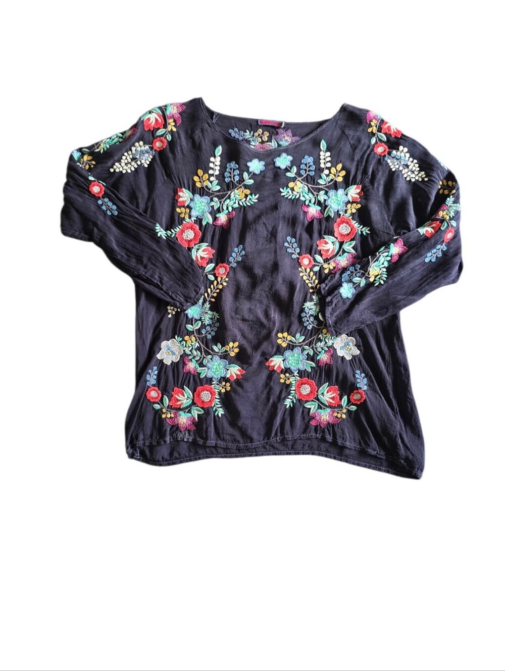 Johnny Was Navy Long-Sleeve Top with Multicolor Floral Embroidery Size M